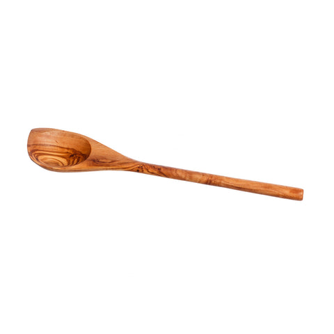 A smooth light brown olive wood corner spoon with natural grain and a gently curved bowl for easy scooping