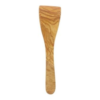 Olive wood flat curved spatula 30 cm with light brown natural wood grain and tapered handle for cooking and baking