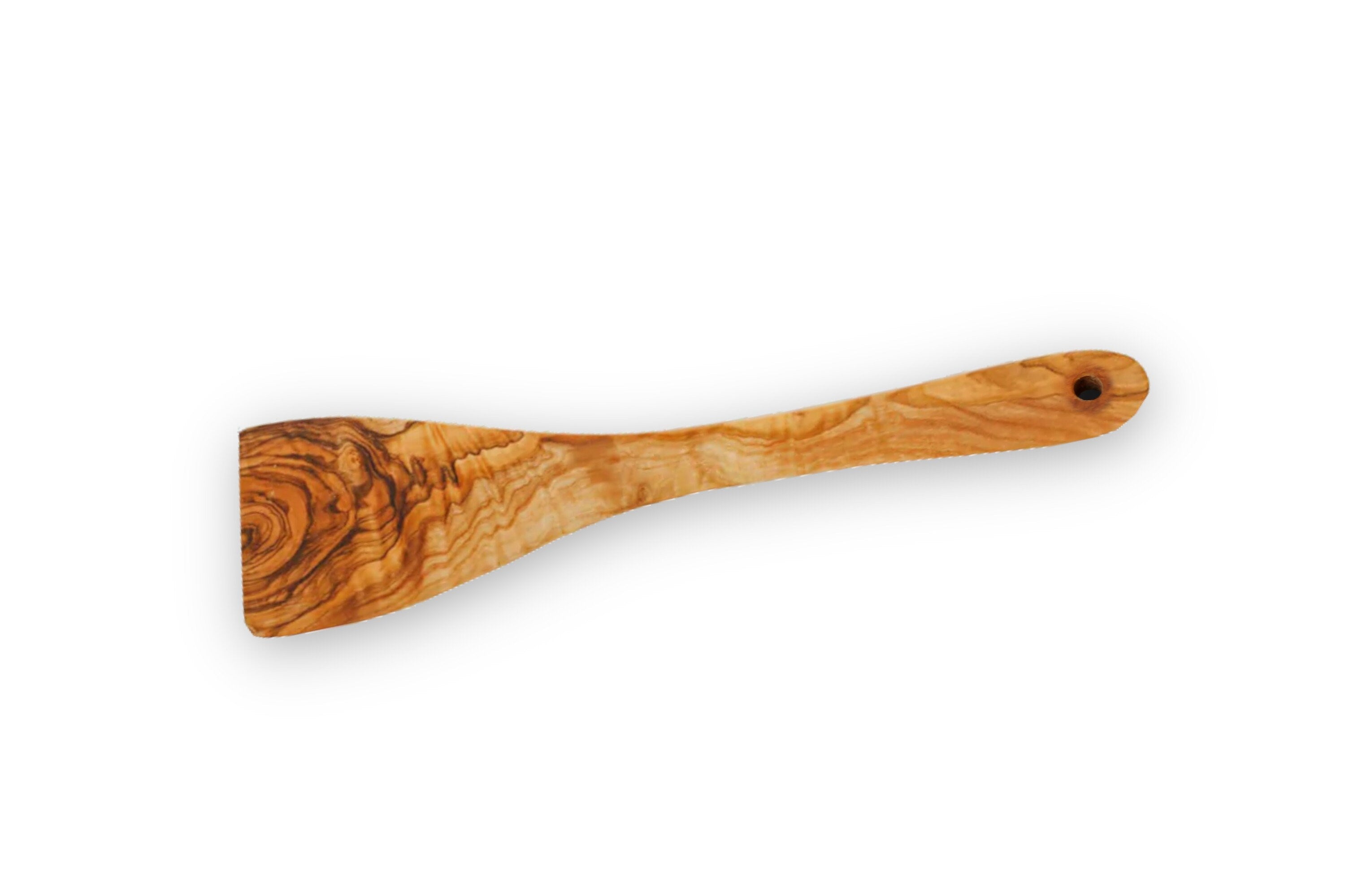 A sleek olive wood flat curved spatula 30 cm with warm-toned finish and distinctive swirling grain patterns