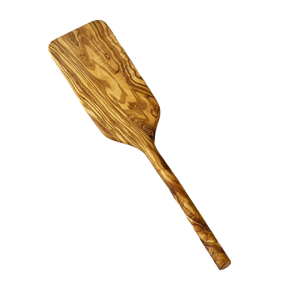 Handcrafted olive wood long spatula with warm golden brown finish and distinctive swirling grain patterns
