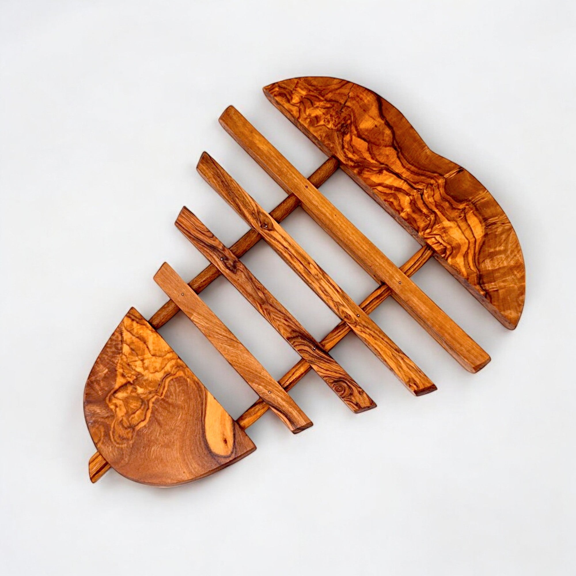 Handcrafted olive wood pear pan coaster 21 cm with curved segmented design and natural grain patterns