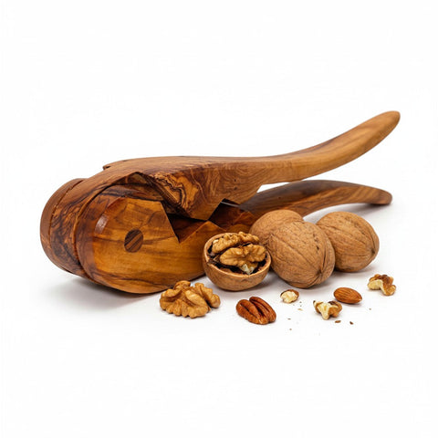 Handcrafted olive wood pliers nutcracker with natural finish and unique grain patterns perfect for working days use