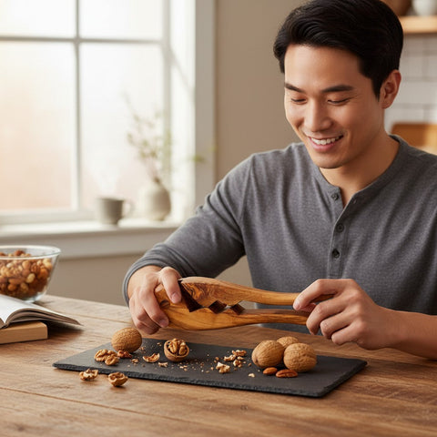 Wooden walnut cracker made of olive wood with a natural rustic finish and carved design for easy working days use