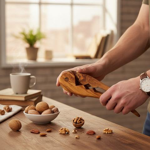Handcrafted olive wood pliers nutcracker with natural grainy finish and knots perfect for cracking nuts in working days