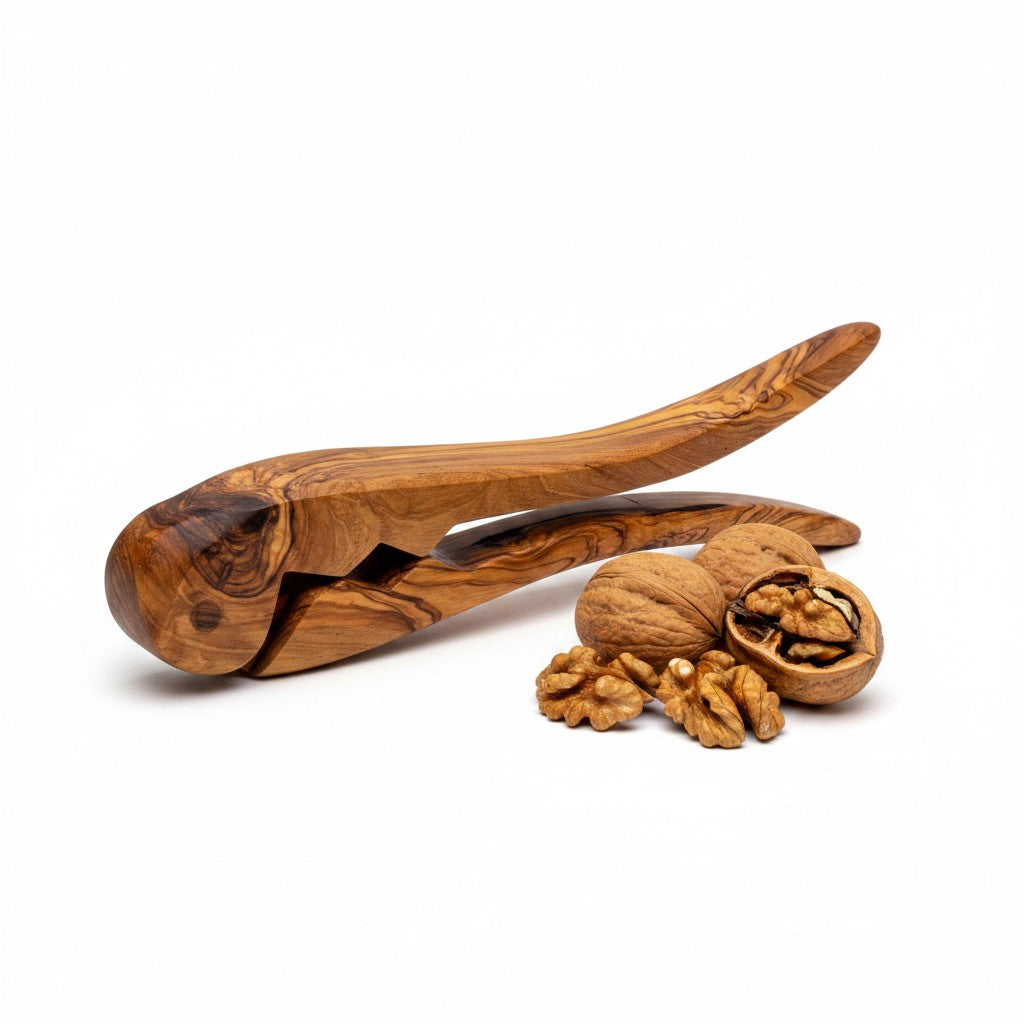 Handcrafted olive wood pliers nutcracker with smooth natural finish and swirling grain pattern for cracking walnuts