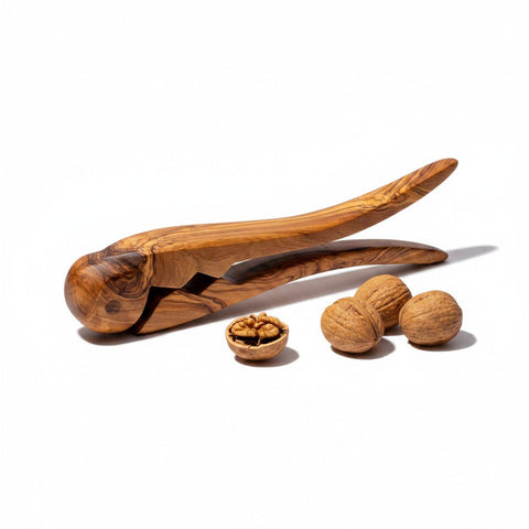 Handcrafted olive wood pliers nutcracker with smooth natural finish and unique grain pattern for working days use