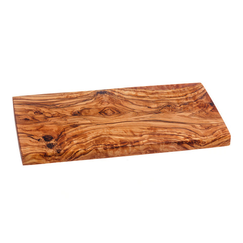 A rectangular olive wood chopping board with warm brown color and distinctive swirling grain patterns