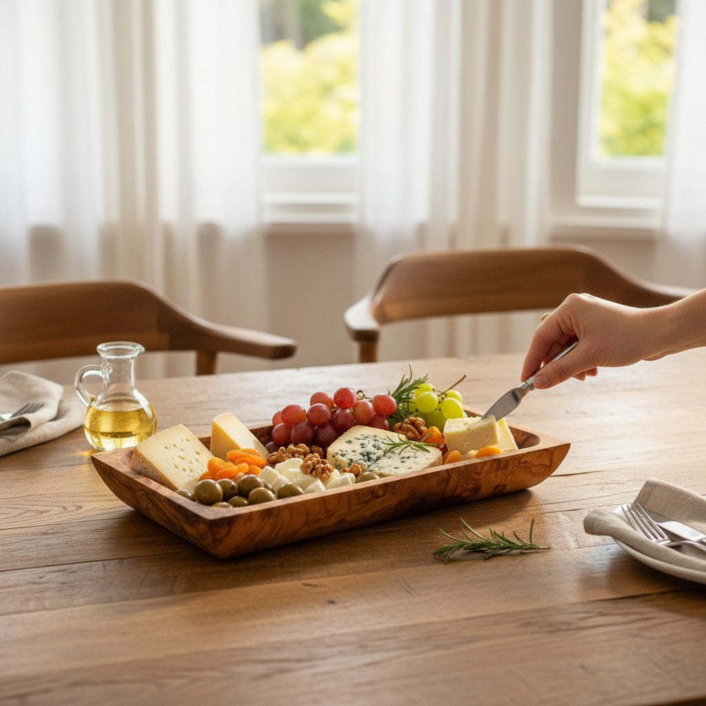 Olive wood rectangular serving tray with natural olive wood grain and rustic finish for cheese and appetizers