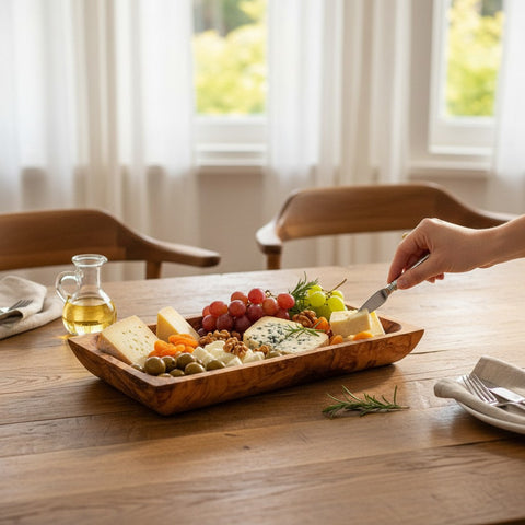 Olive wood rectangular serving tray with natural olive wood grain and rustic finish for cheese and appetizers
