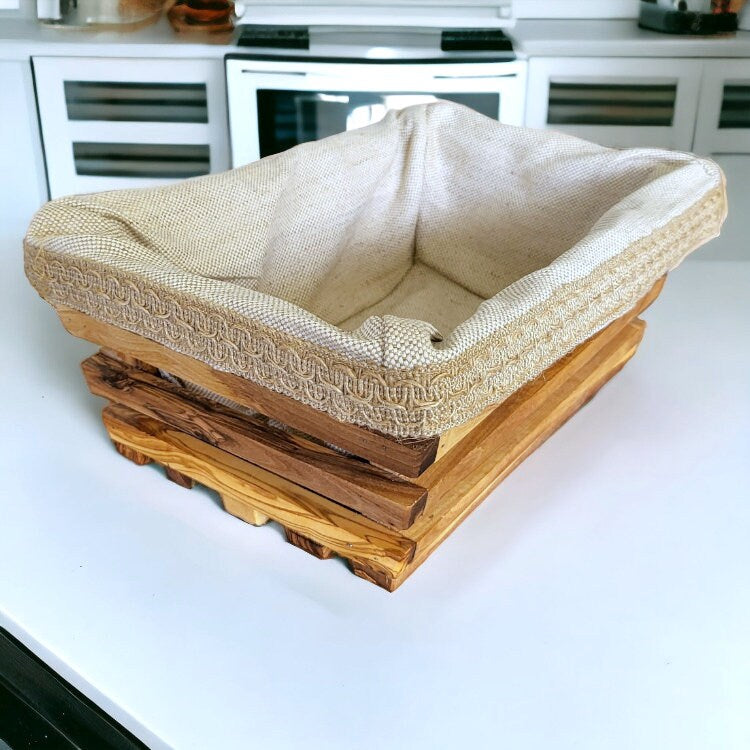 Rustic olive wood rectangular bread basket 28 cm with light brown finish and beige burlap lining with braided trim