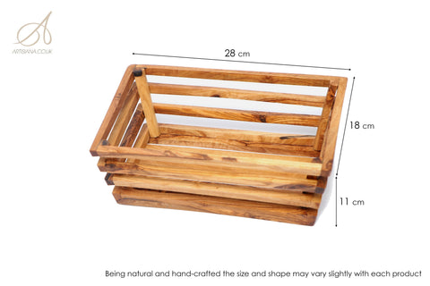 A rustic olive wood bread basket with slatted sides and a natural finish rectangular shape 28 cm