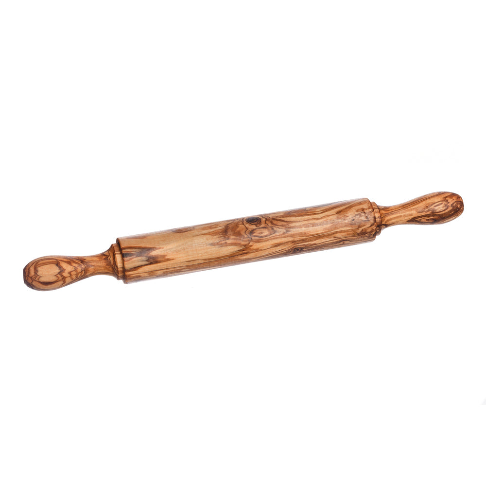 Handcrafted olive wood rolling pin with warm brown finish and distinctive swirling grain patterns for baking