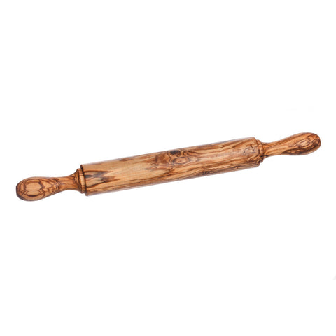 Handcrafted olive wood rolling pin with warm brown finish and distinctive swirling grain patterns for baking