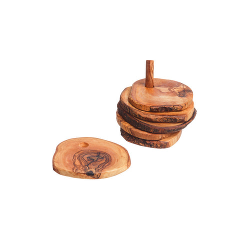 Olive wood rustic coasters set of 6 with organic finish and visible grain patterns in a holder