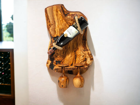 Olive wood rustic shape two bottles holder with natural slab design holding dark bottle and carved glass holders