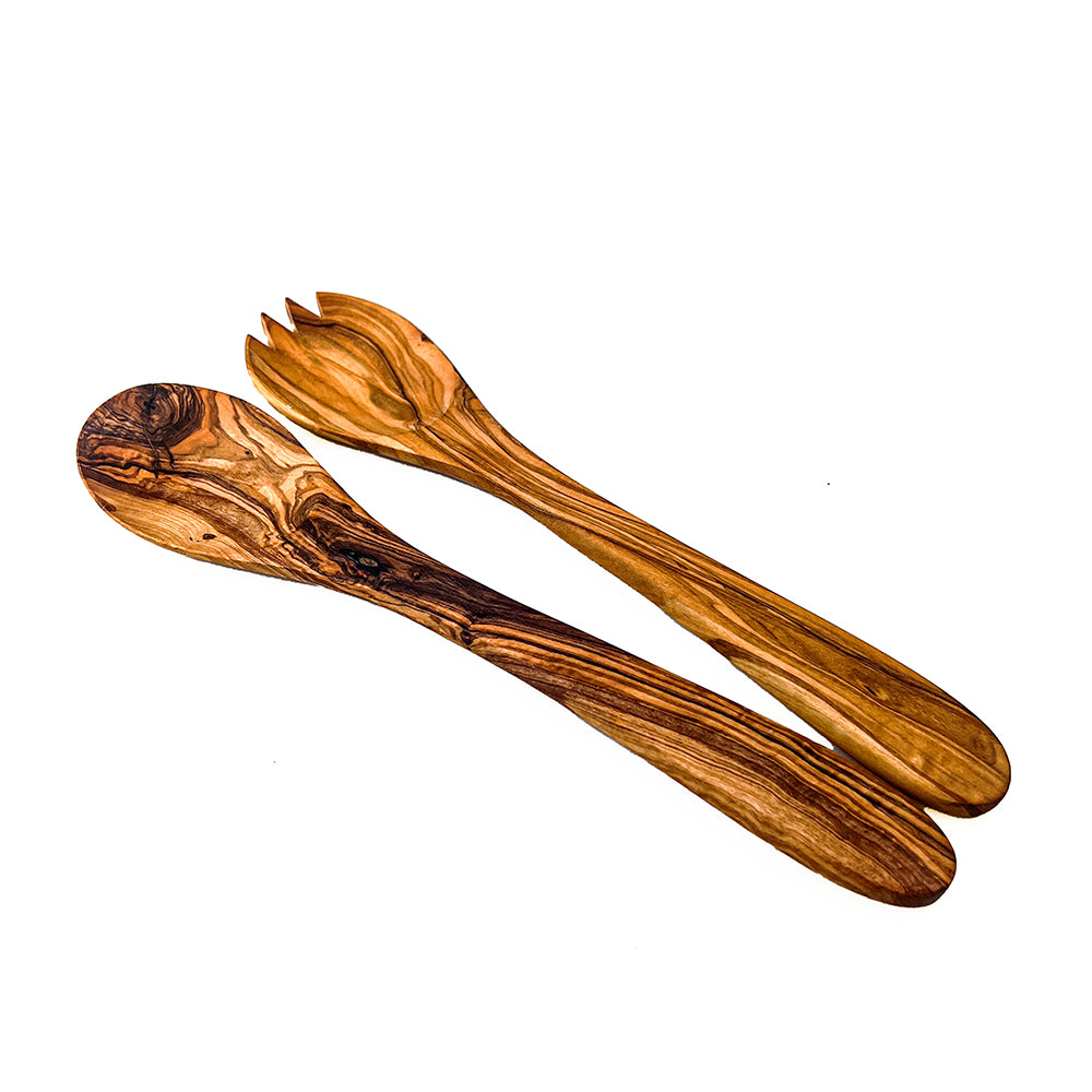 Handcrafted olive wood salad server set with natural swirling grain patterns perfect for wood salad serving