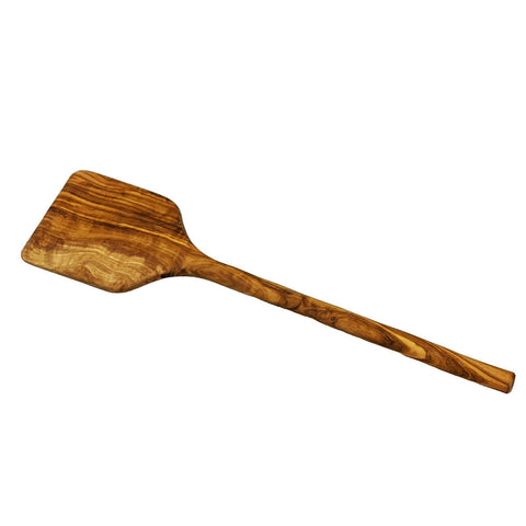 A rustic olive wood short spatula with warm brown finish and swirling grain patterns for cooking and serving
