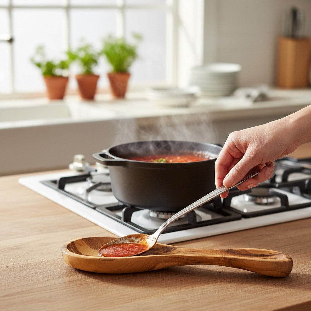 Wooden spoon rest made of olive wood with a silver ladle holding red sauce on this olive wood spoon holder