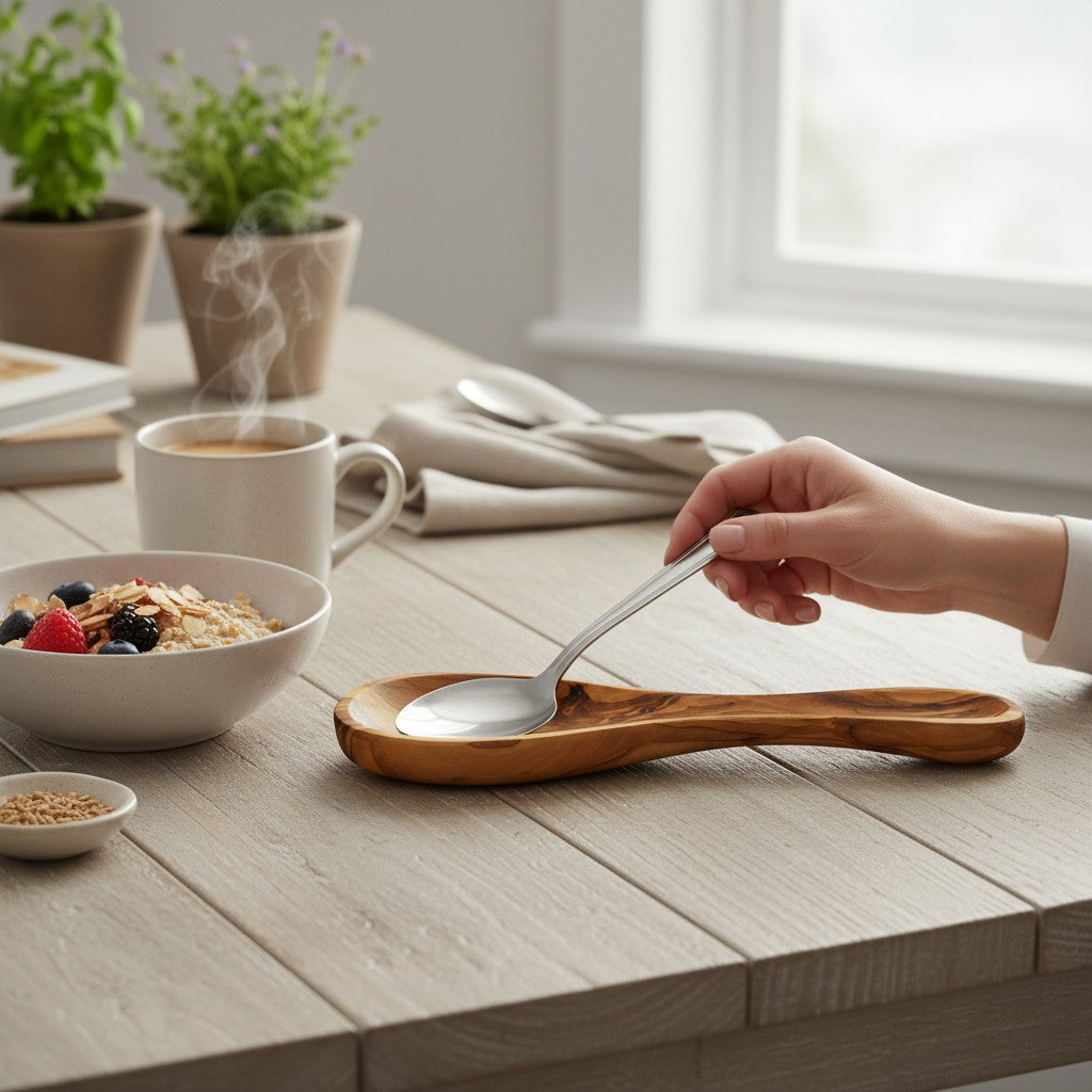 A sleek silver spoon resting in a rustic olive wood spoon rest on a wooden table for cooking utensil use