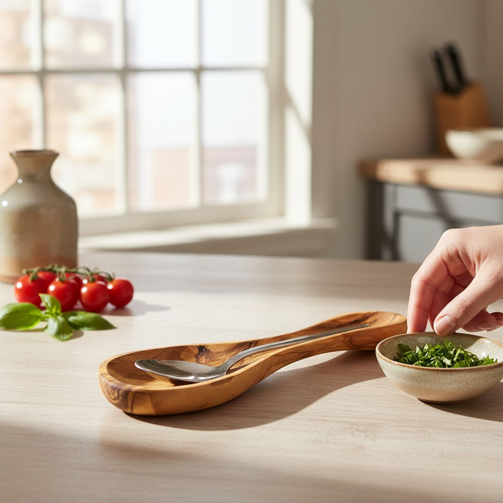 A rustic olive wood spoon rest with a smooth natural finish and long handle holding a silver spoon for working days use