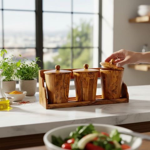 Set of three olive wood spice jars with lids in a wooden tray perfect for storing dry ingredients in your kitchen