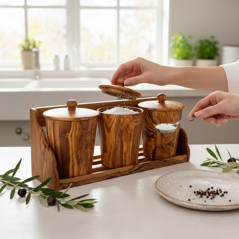 Set of three olive wood spice jars with matching lids in a wooden tray perfect for dry ingredients storage