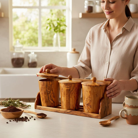 Set of three olive wood spice jars with lids on a wooden tray perfect for kitchen storage canister set use