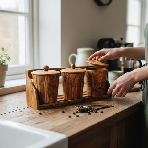Set of three rustic olive wood spice jars with lids and a wooden tray perfect for dry ingredients storage