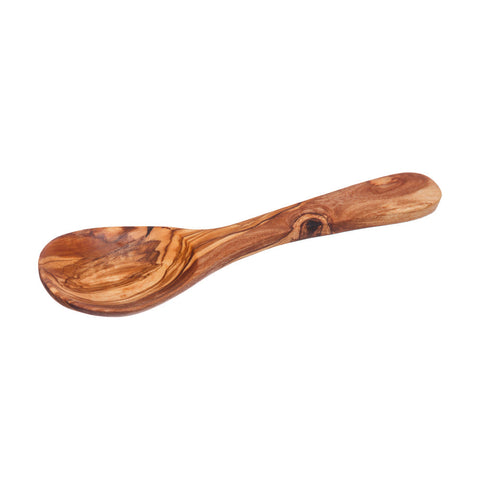 Handcrafted olive wood sugar jam mustard spoon with natural grain and warm medium brown finish