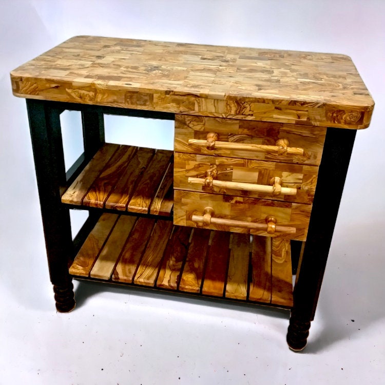Rustic olive wood butcher block kitchen cart with mosaic top three drawers and open shelving below