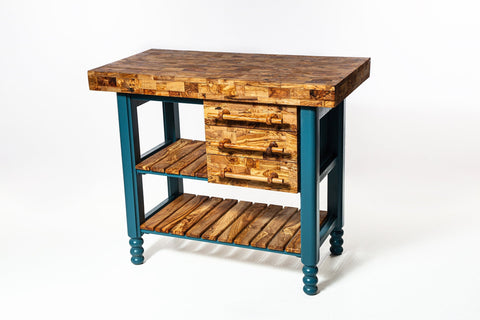 Teak wood olive wood table butcher block island with teal painted legs shelves and three drawers for kitchen use