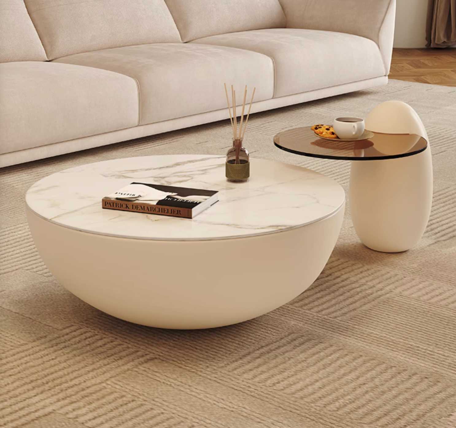 Cream-colored oliver nesting coffee table white with a white marble top and smooth rounded edges perfect coffee table white