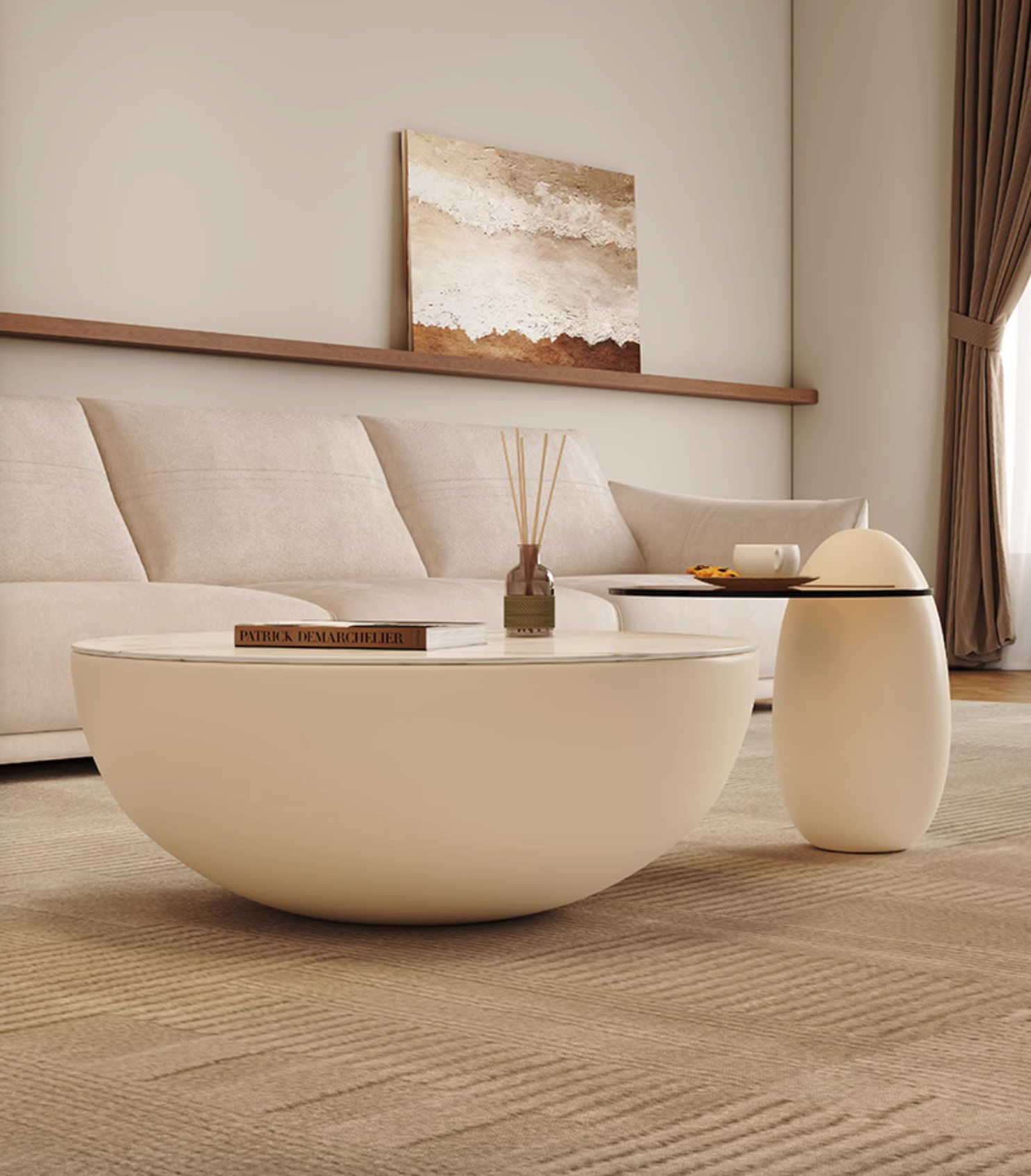 Cream-colored egg-shaped nesting coffee table white with sleek black glass top perfect as a coffee table white