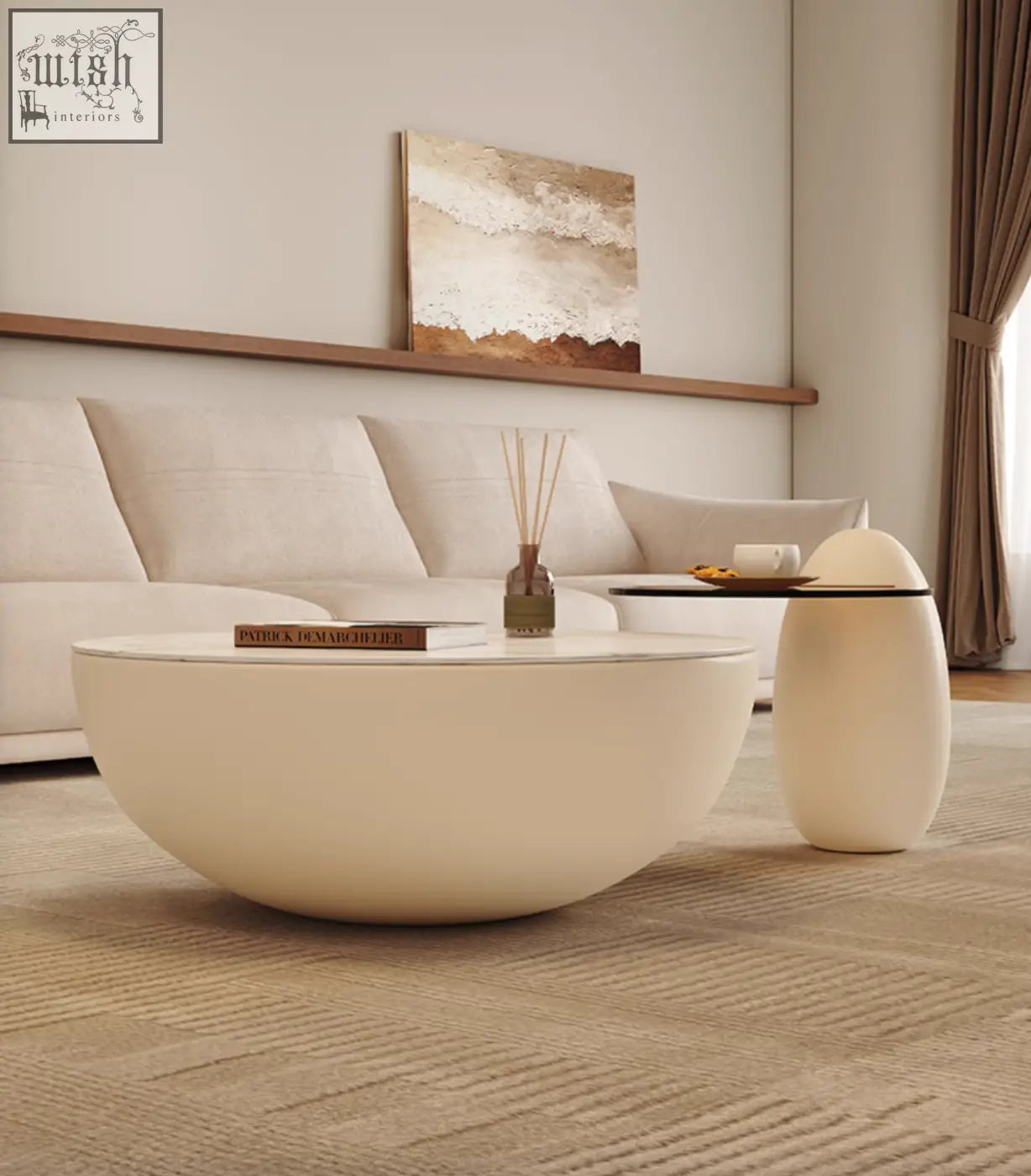 Cream-colored egg-shaped nesting coffee table with sleek black glass top perfect for modern living spaces