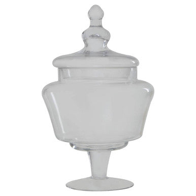 Olivia clear glass candy large storage jar with matching lid and pedestal base made of clear glass