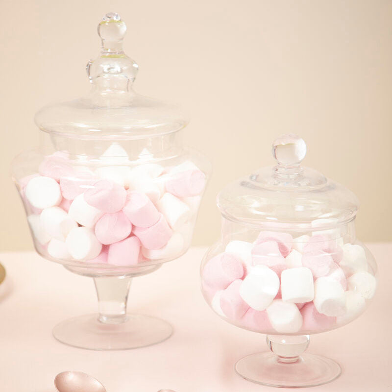 Olivia clear glass candy large storage jar with decorative lids filled with pink and white marshmallows