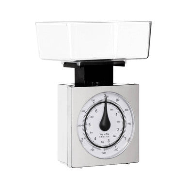 Silver olivier 3kg chrome effect kitchen scale with clear plastic bowl and black needle dial for accurate weighing