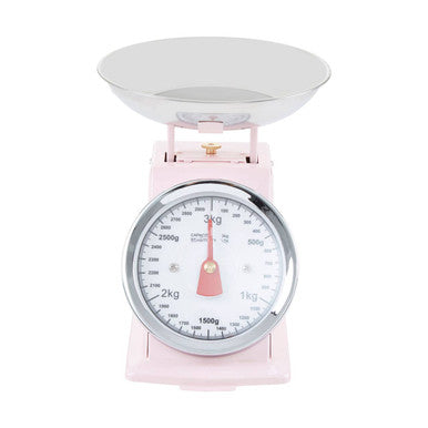 Olivier 3kg pastel pink retro kitchen scale with silver weighing plate and chrome rimmed dial for accurate measuring