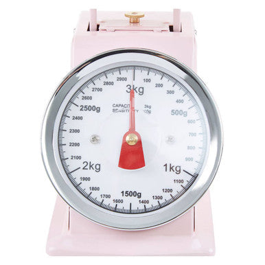 Olivier 3kg pastel pink retro kitchen scale with a pink analog platform, silver rim, and red pointer up to 3kg