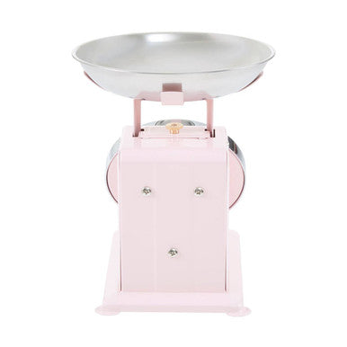 Pink retro kitchen scale with shiny silver weighing plate in pastel pink perfect for vintage style kitchens