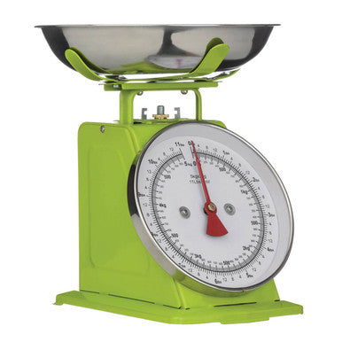 Lime green retro kitchen scale with stainless steel bowl and red needle dial for precise 5kg measurements