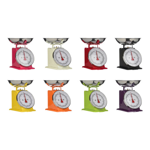Vintage-style lime green retro kitchen scale alongside vibrant pink cream red black yellow orange purple models