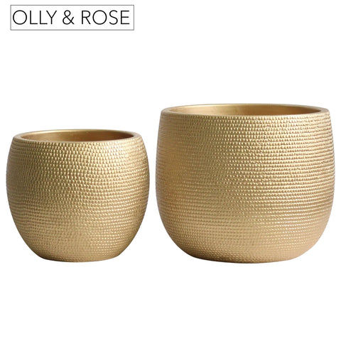 Gold-toned ceramic plant pots with textured woven pattern rounded shapes olly & rose barcelona set of 2