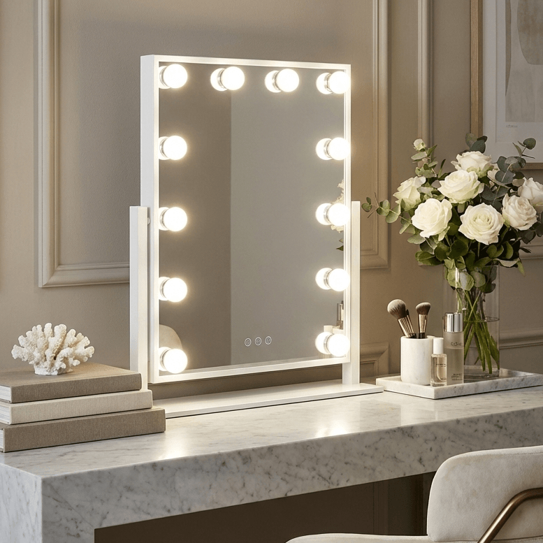 White framed hollywood mirror 47x37cm with round bulbs perfect for bright makeup lighting and vanity setups
