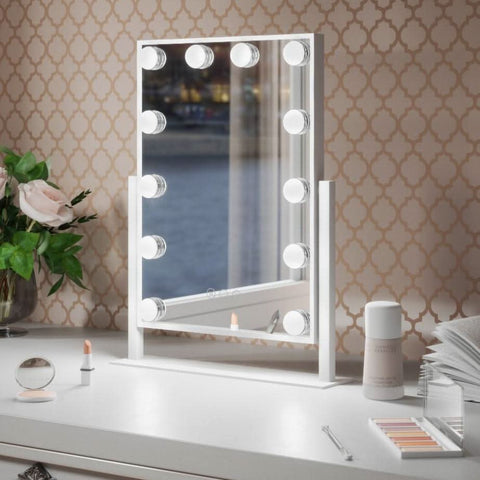 White framed hollywood mirror with ten circular led lights around border ideal for makeup and dressing areas