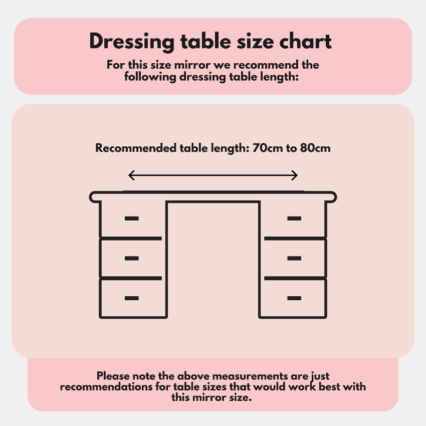 Pink illustrated dressing table size chart suggesting 70cm to 80cm length for optimal placement of olsen hollywood mirror white 47x37cm