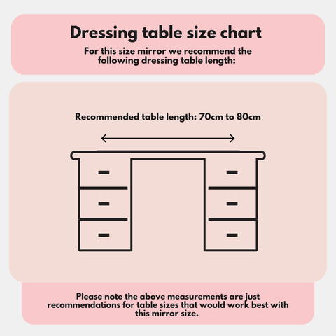 Pink illustrated dressing table size chart suggesting 70cm to 80cm length for optimal placement of olsen hollywood mirror white 47x37cm