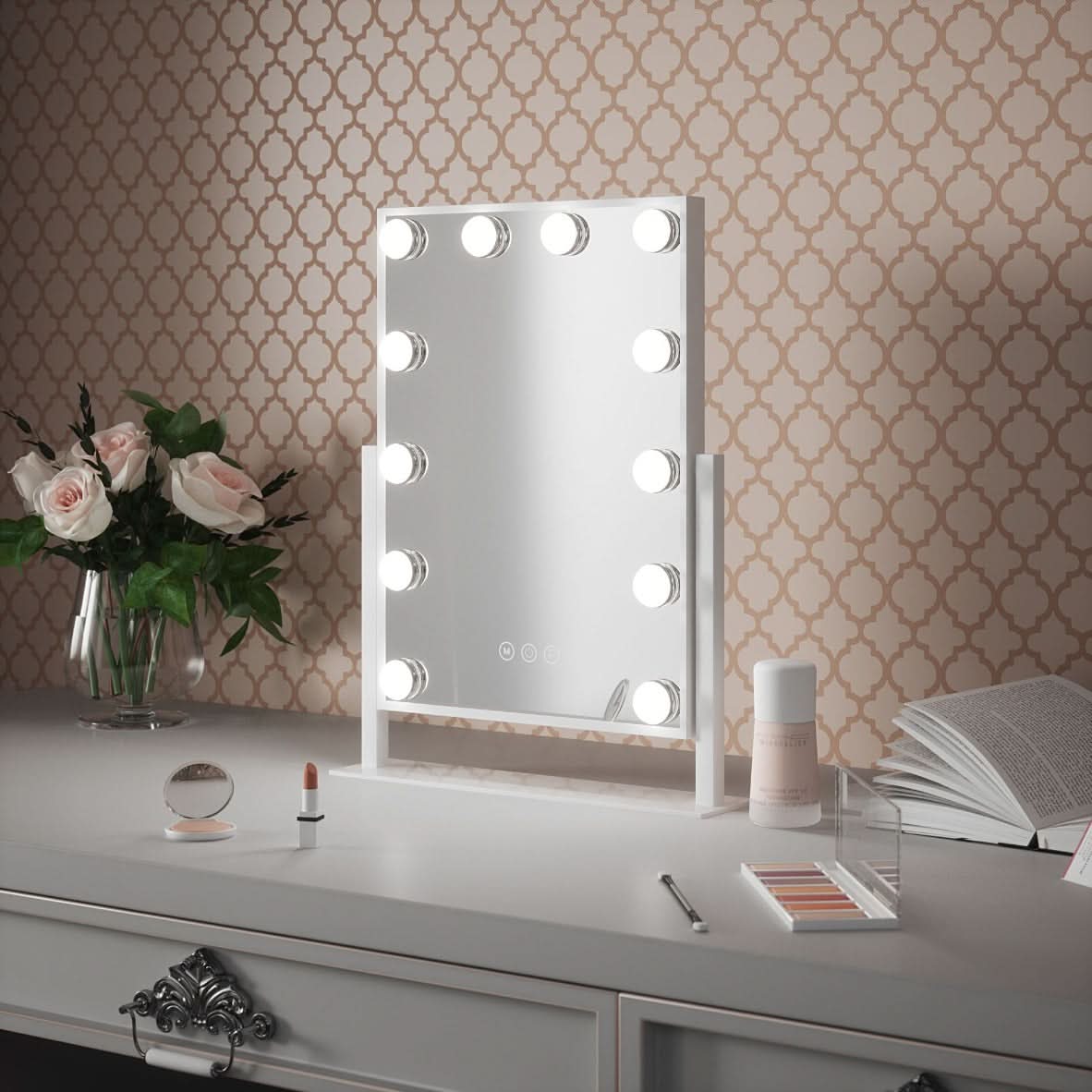 White rectangular hollywood mirror 47x37cm with round led lights perfect for makeup and home decor