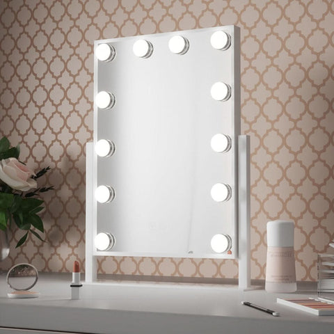 White rectangular hollywood mirror with ten circular bulbs evenly spaced, sized 47x37cm for perfect lighting