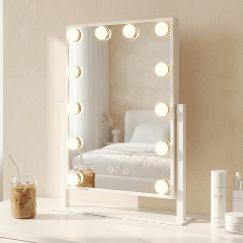 White hollywood mirror 47x37cm with round led lights along frame perfect for bright makeup lighting